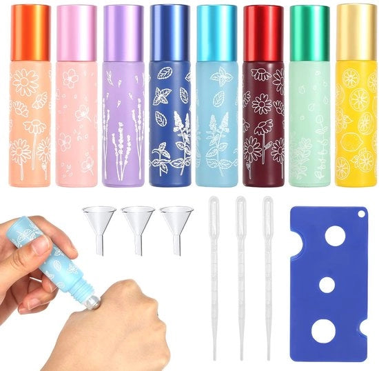 Set di flaconi in acciaio inossidabile da 8 a 10 ml per oli essenziali - Flacone a rotolo con apripolvere - Cucchiaio - Leggero - Flaconi a rotolo