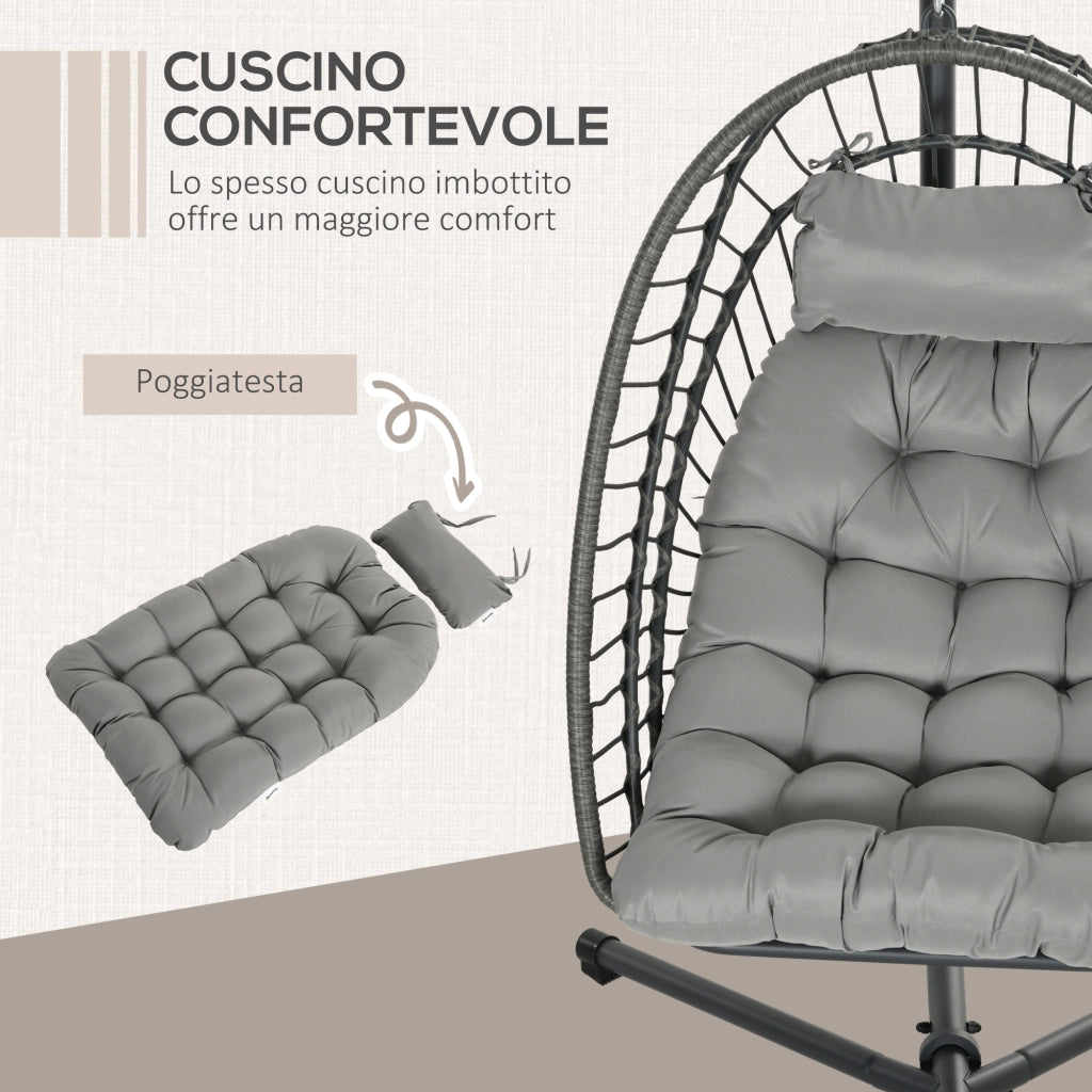Poltrona Sospesa in Rattan PE con Cuscino, Seduta Pieghevole e Struttura in Acciaio, Grigio