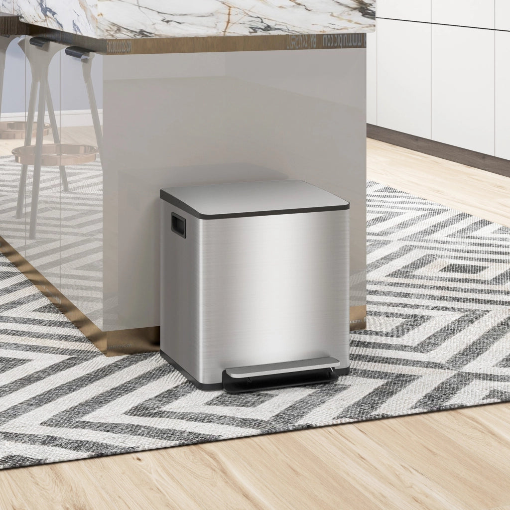 Pattumiera a Pedale 2 Scomparti ¨C Xylo ¨C 15L Acciaio Inox Coperchio Silenzioso 41.8x36.7x44cm