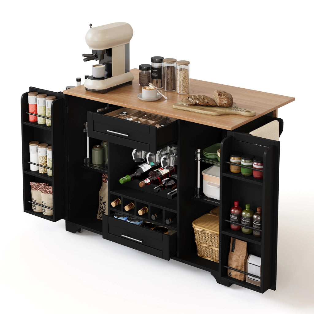 Carrello da Cucina Multifunzione con Piano Pieghevole, Portabottiglie, Portabicchieri ¨C Xylo ¨C Nero, 120x45x92 cm