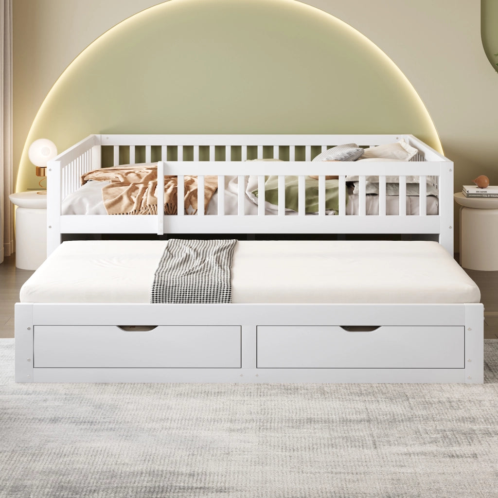 DESMIU Letto 140 × 200 cm con letto estraibile, 2 cassetti, senza materasso, in legno, bianco