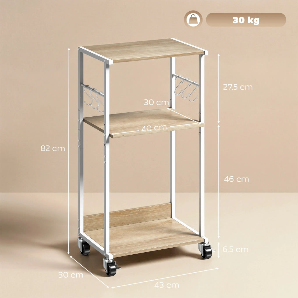 Cassettiera a 3 Livelli con Ruote e Ganchi ¨C Minimal ¨C Legno Naturale e Metallo