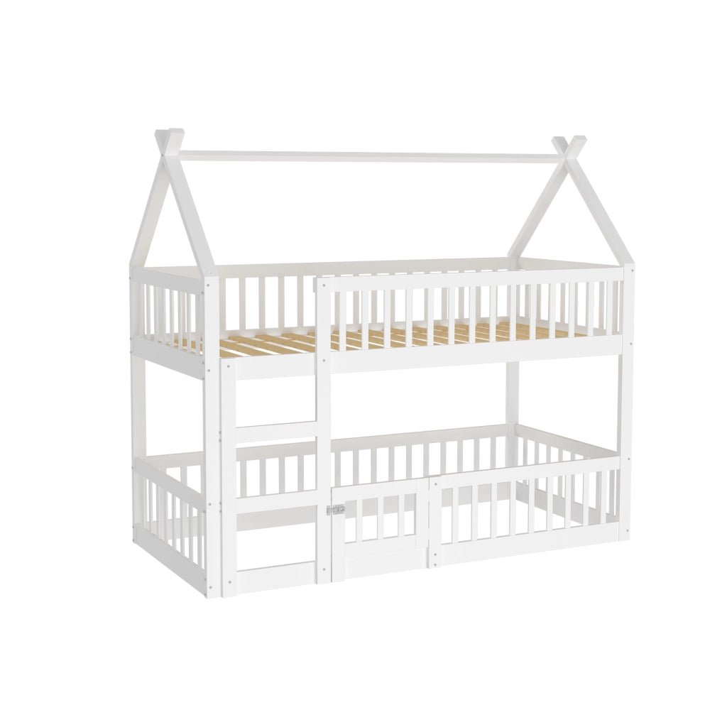 Letto a castello per bambini - Zephmum- 90x200, design loft, struttura in legno massello, bianco