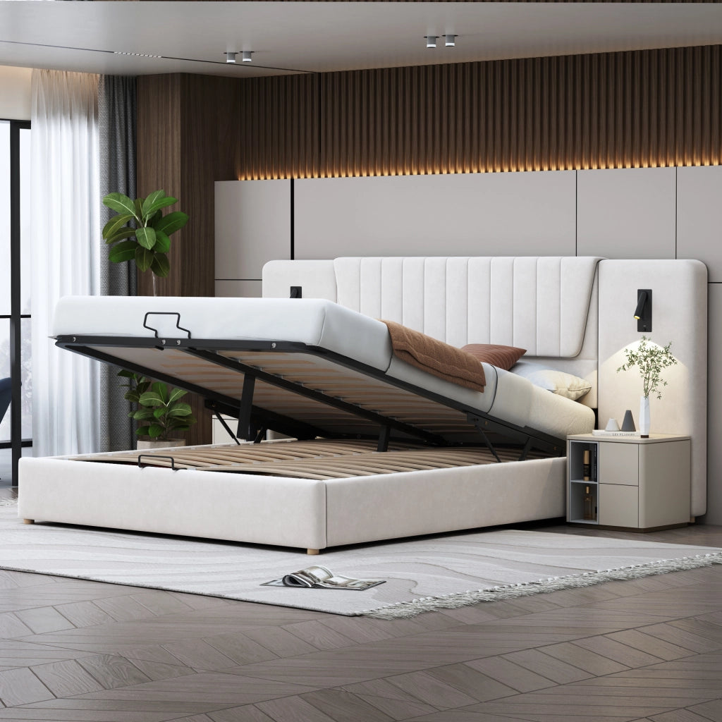 Letto imbottito 180x200cm - Zephmum - Schienale lungo, lampada regolabile, USB, idraulico, velluto, beige