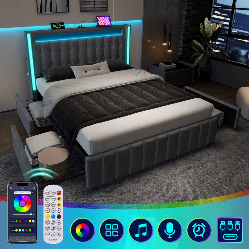 DESMIU Lit Con Cassetti 140 × 200 cm 2 posti, USB Type-C, LED, 4 cassetti, con materasso, in lino, grigio
