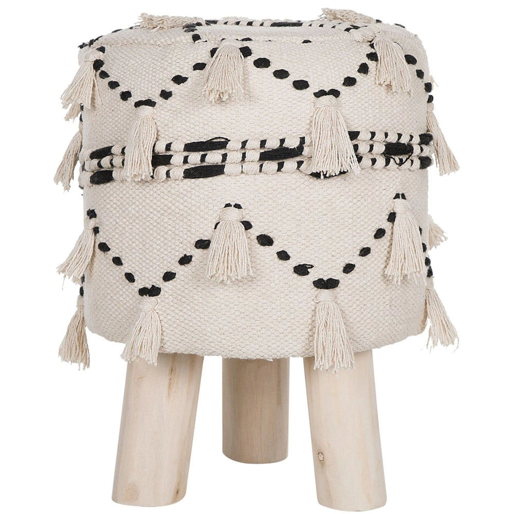 Poggiapiedi beige con cotone decorativo Nero lavorato a maglia gambe in legno nappe decorative Boho Design