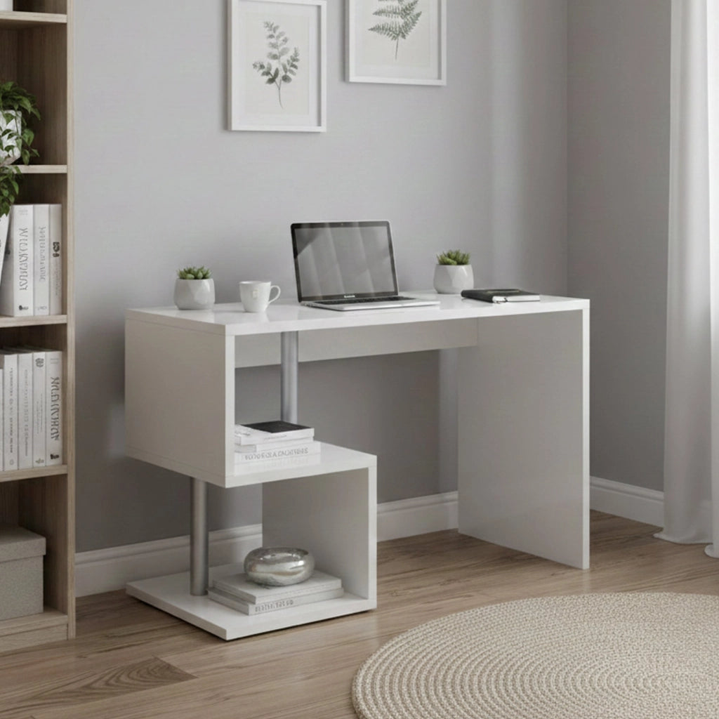 Acan, Scrivania 2 Ripiani Made in Italy, 100x50x78h cm Bianco Lucido