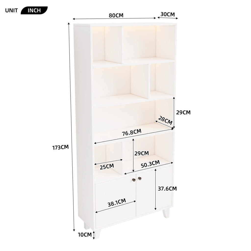 Libreria 80x30x173 cm con LED controllata tramite app e ante doppie in MDF e legno bianco