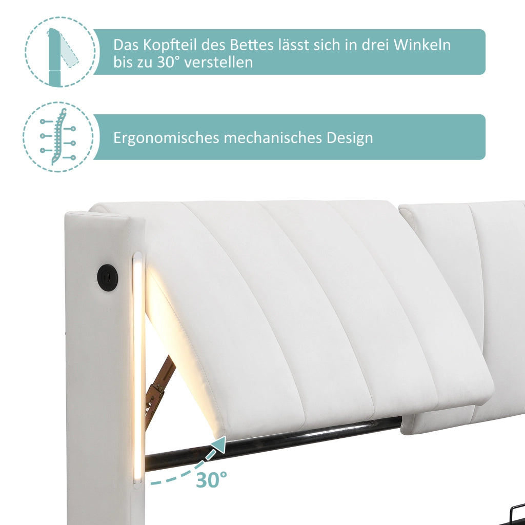 DESMIU Letto contenitore 160 × 200 cm 2 posti con USB, LED, testiera regolabile, senza materasso, in PU bianco