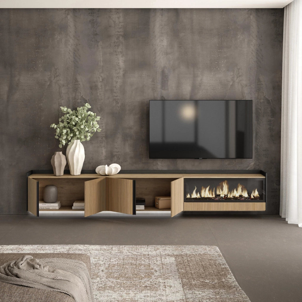 Mobile TV Soggiorno, 315x50x35 cm, Per TV fino a 80", Camino elettrico XXL, Sospeso, da appendere, Led, Rovere e nero