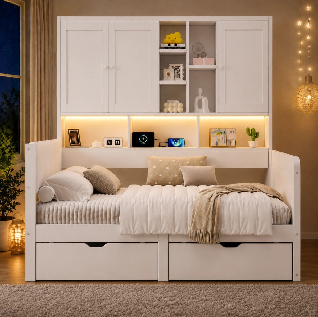 Letto 90x200 con contenitore, LED, USB e testiera imbottita