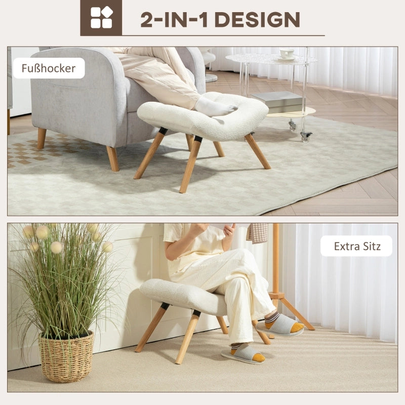POUF Imbottito 67x45x38 cm Poliestere Bianco Crema con gambe in legno di faggio