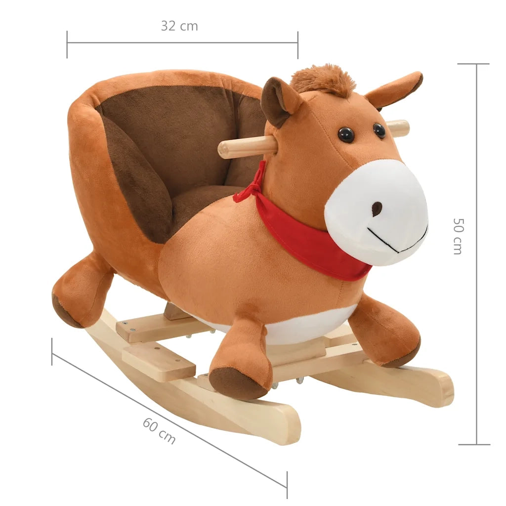Cavallo a Dondolo con Schienale in Peluche 60x32x50 cm Marrone CFW1347745