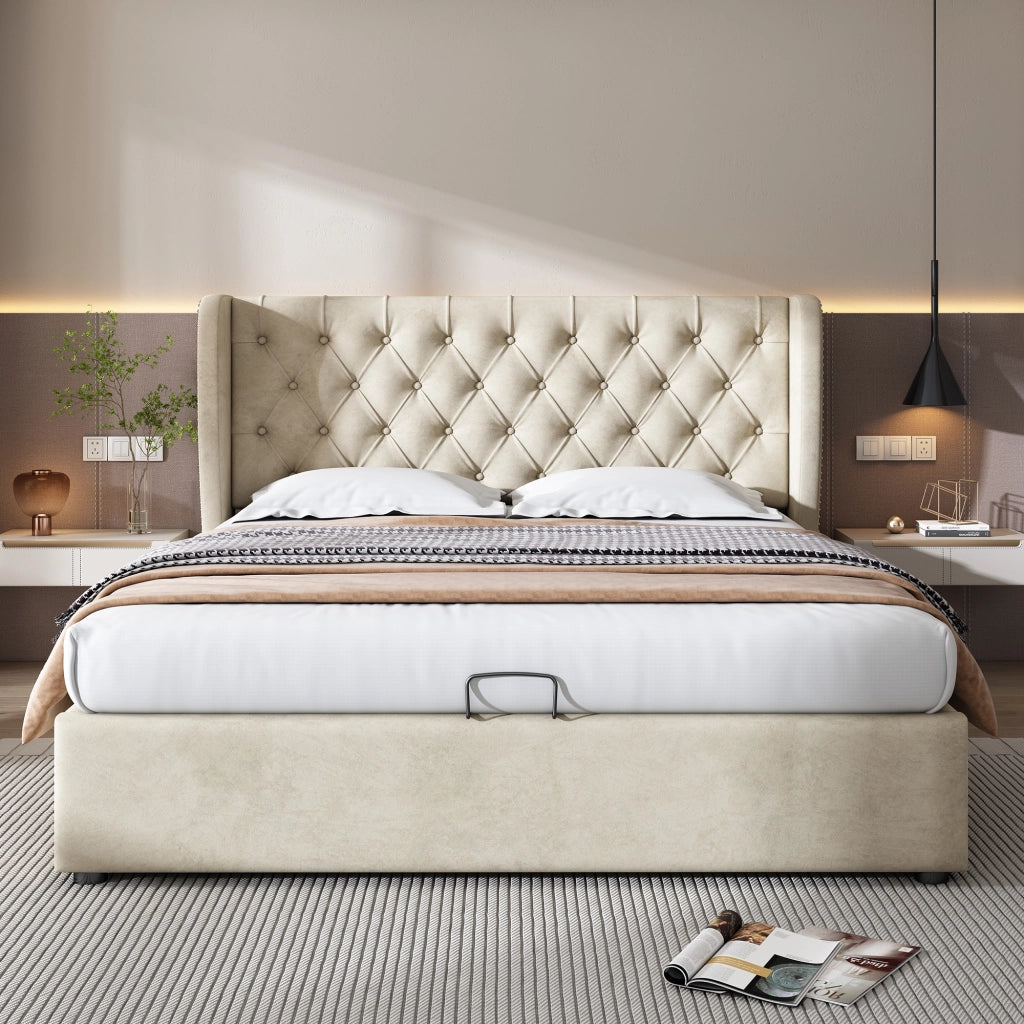 DESMIU Letto contenitore 2 posti con vano idraulico, 160 × 200 cm, senza materasso, in velluto beige