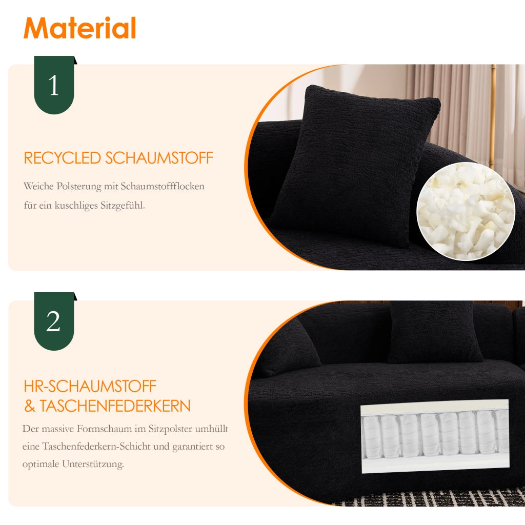 Divano angolare modulare 4 posti con design curvo per soggiorno in chenille nero stile moderno 275×115×63 cm