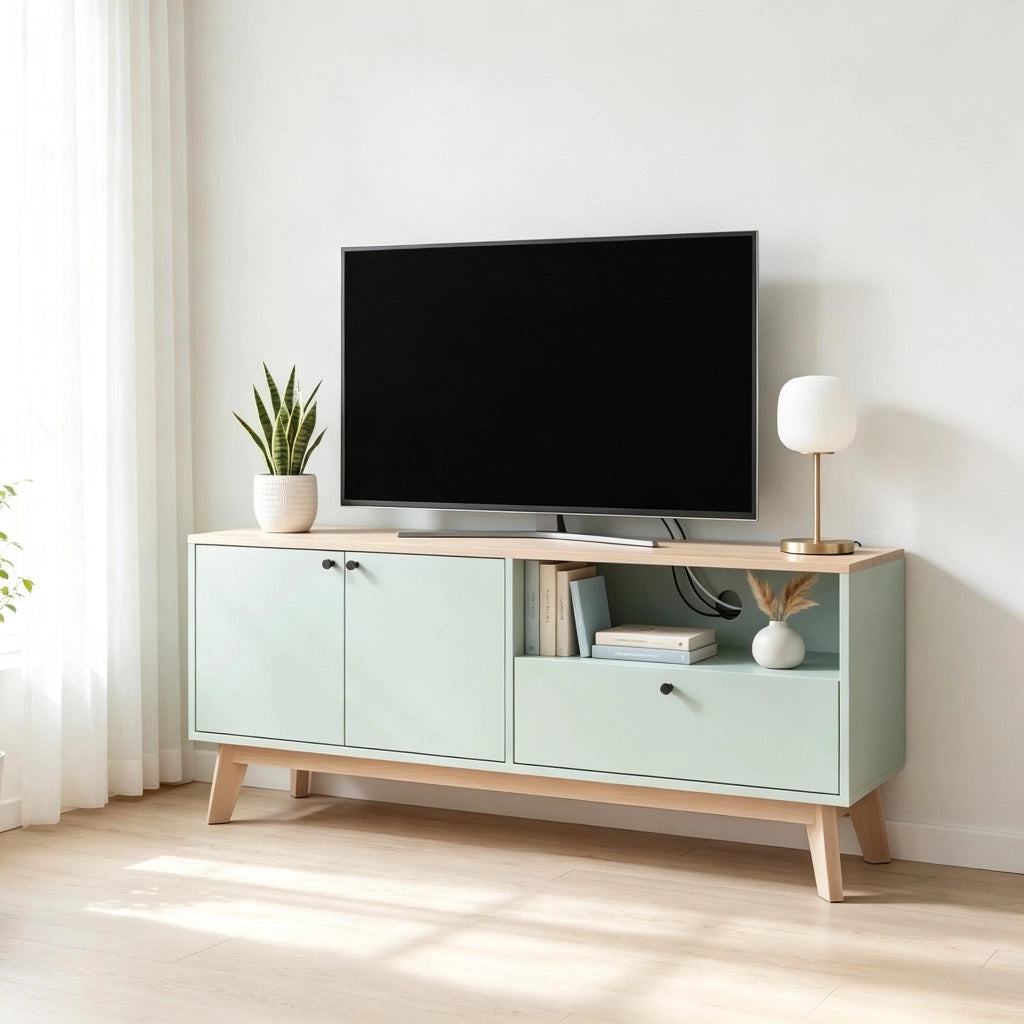 Mobile porta TV da 120 cm, adatto a televisori fino a 36 pollici con 2 ante, cassetto e vano a giorno (solo con 1 mobile porta TV).