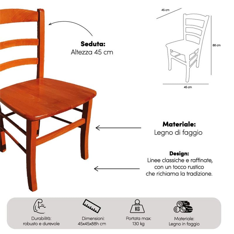 SEDIA IN LEGNO COLORE CILIEGIO 45X45X88 CM CM MODELLO PAESANA CON SEDUTA COMPATTA IN LEGNO MASSELLO SCHIENALE ALTO - 4 PZ