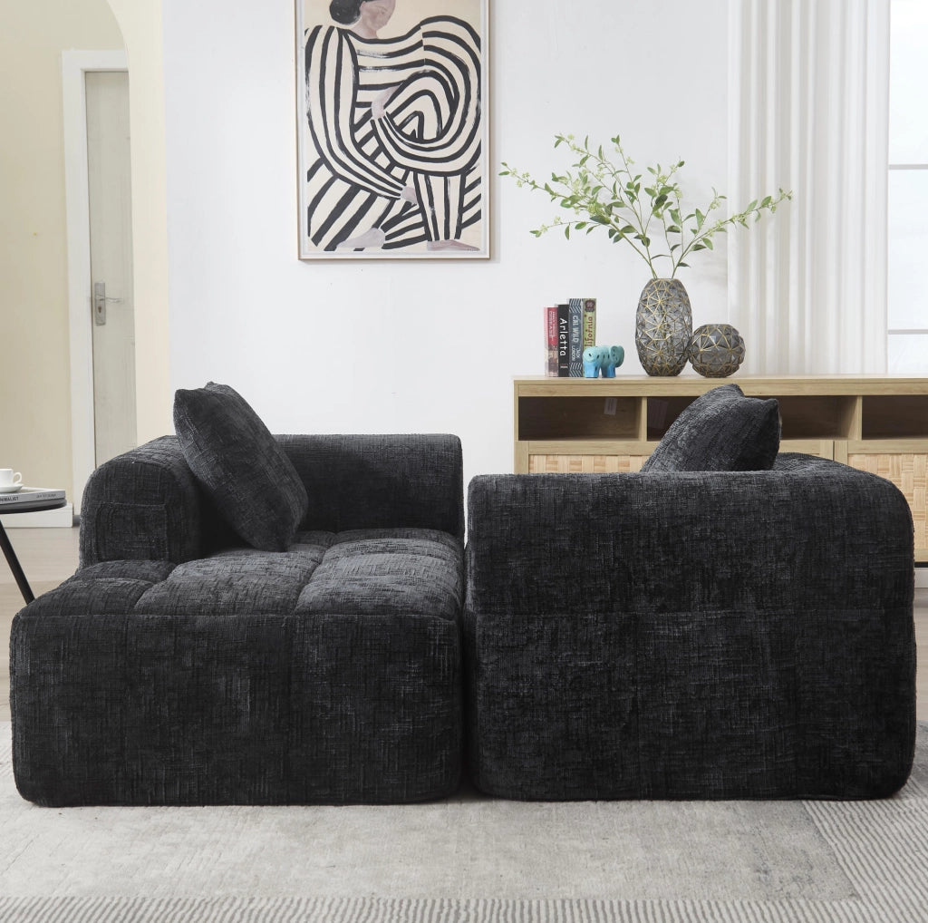 Divano angolare 3 posti con chaise longue in chenille nera; 250x158x60 cm con 3 cuscini