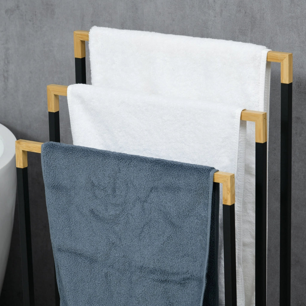 Portasciugamani a Terra con 3 Barre ¨C Xylo ¨C Bamb¨´ e Acciaio Nero 45x22,5x86 cm