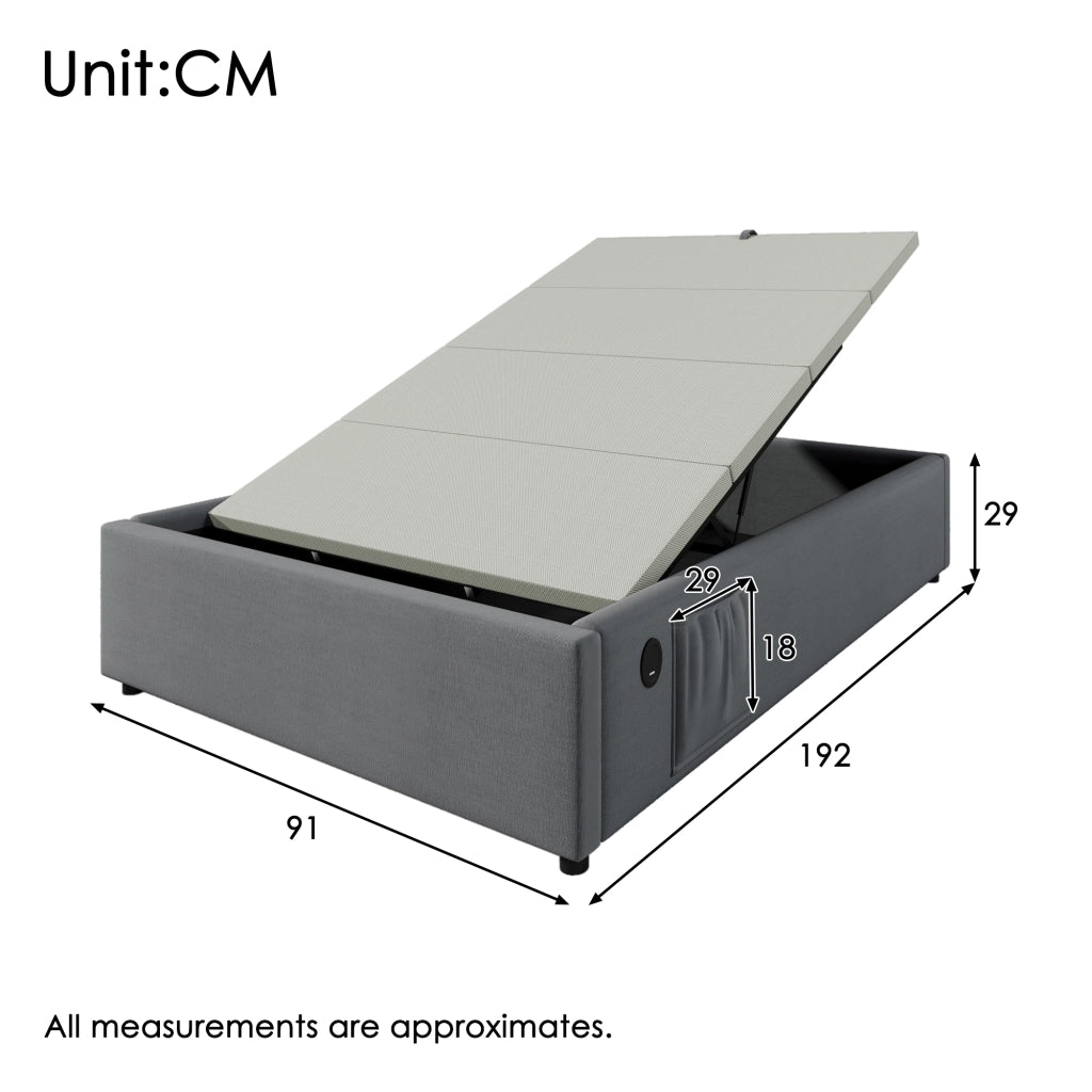 Letto imbottito 90x190 cm con contenitore, USB e Type-C, grigio