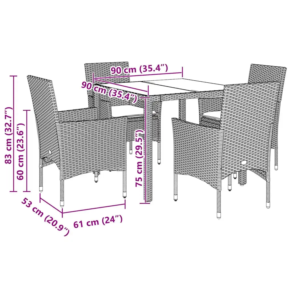 Set Pranzo da Giardino 5pz con Cuscini Polyrattan e Vetro