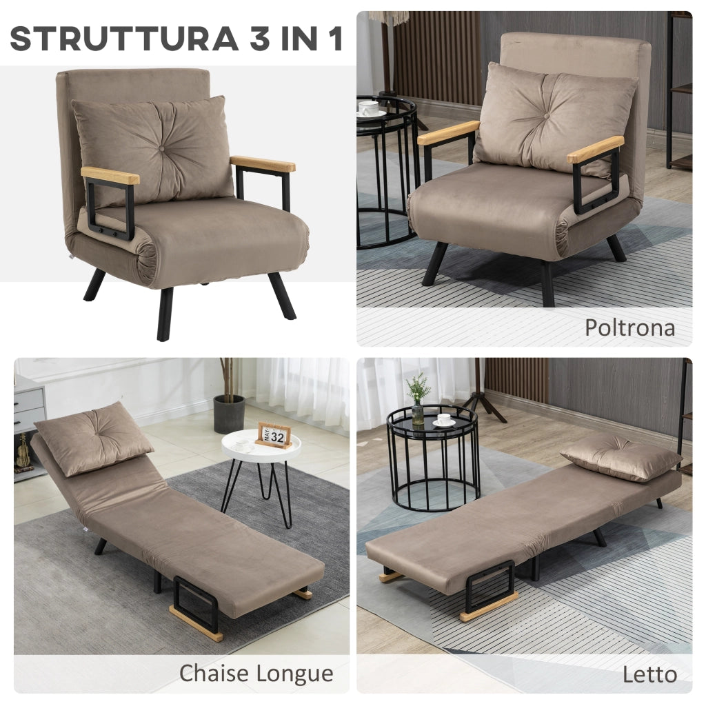 Poltrona Letto Imbottita 3 in 1 con Schienale Reclinabile in 5 Posizioni e Cuscino, 63x73x81 cm, Grigio
