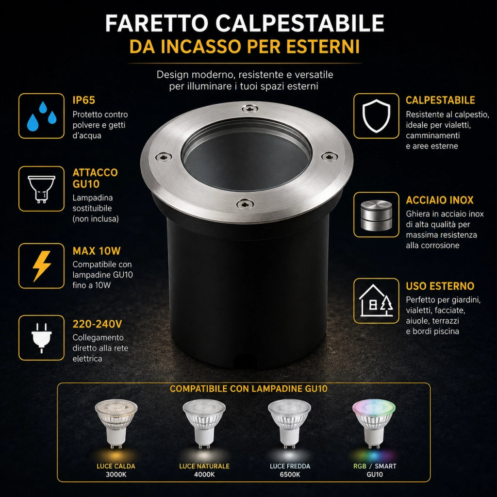 Faretto Calpestabile GU10 da Incasso Esterno IP65 Acciaio Inox 220V Ø110mm