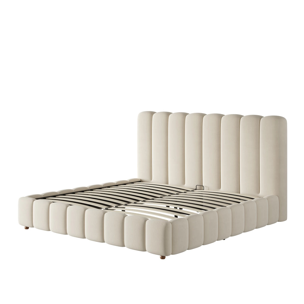 Letto matrimoniale 160 x 200 cm, testiera imbottita, vano portaoggetti, rivestimento in velluto, color beige