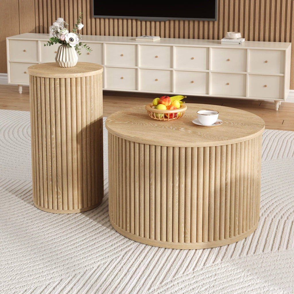 Tavolino da Caffè Rotondo 2 Pezzi con Struttura di Archiviazione, Stile Moderno, per Salotto, MDF, Naturale