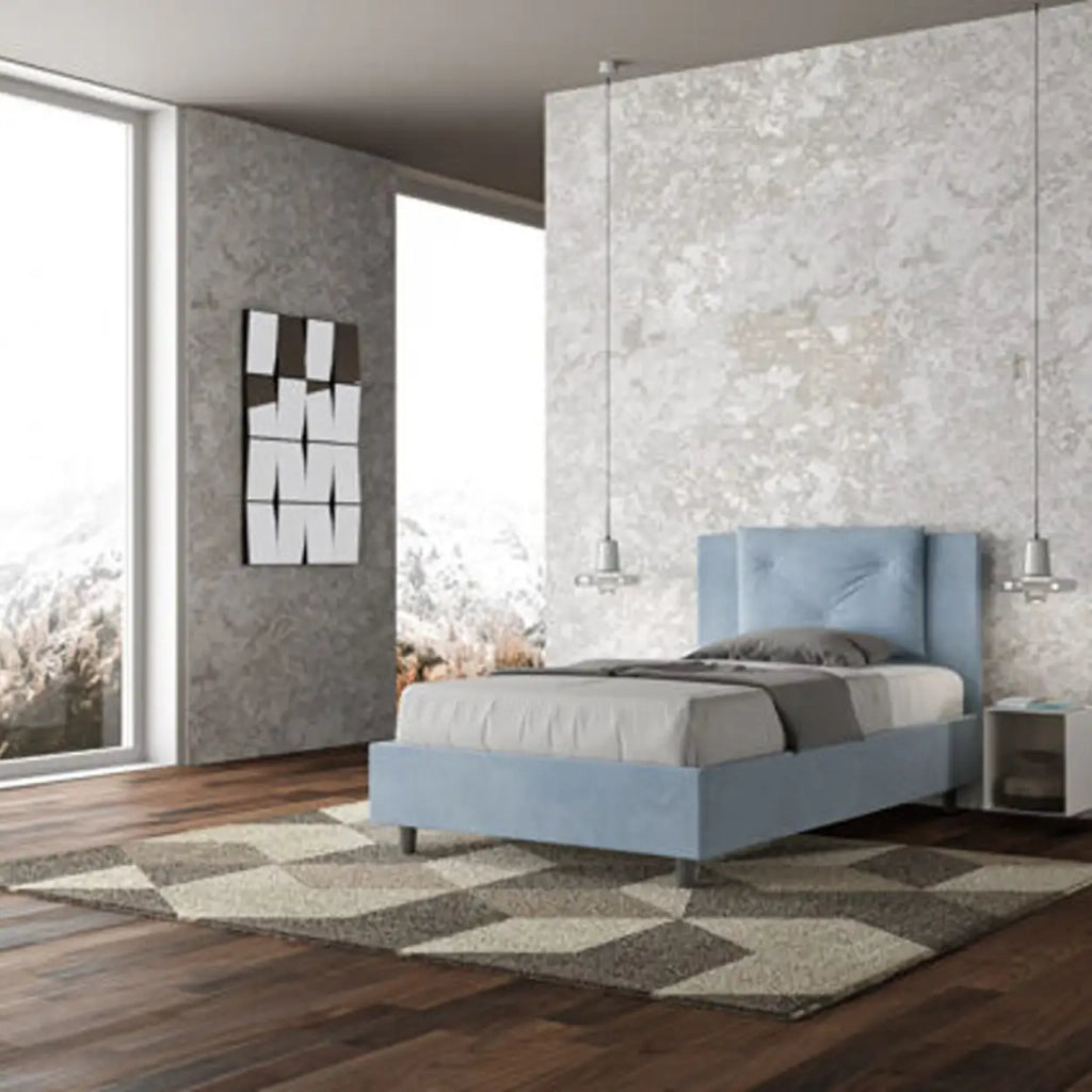 Letto una piazza e mezza senza rete imbottito 120x190 microfibra azzurro Appia