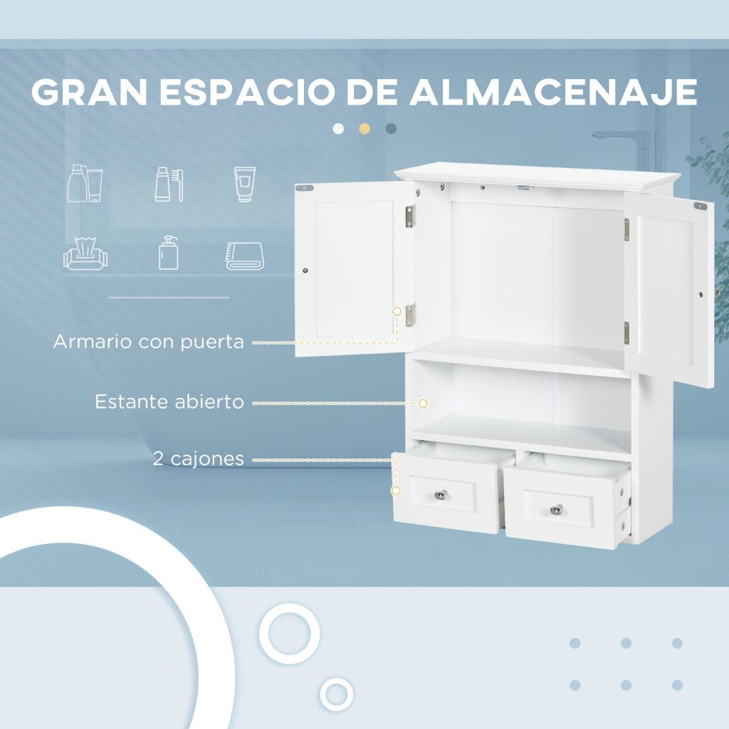Armadietto da Bagno Sospeso con 2 Ante e 2 Cassetti ¨C zephmum ¨C 50.8x17.8x66 cm Bianco