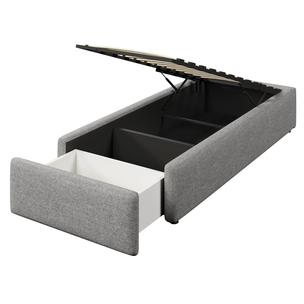Letto adulto 90×200 cm; con contenitore idraulico e 1 cassetto; senza materasso; in tessuto grigio
