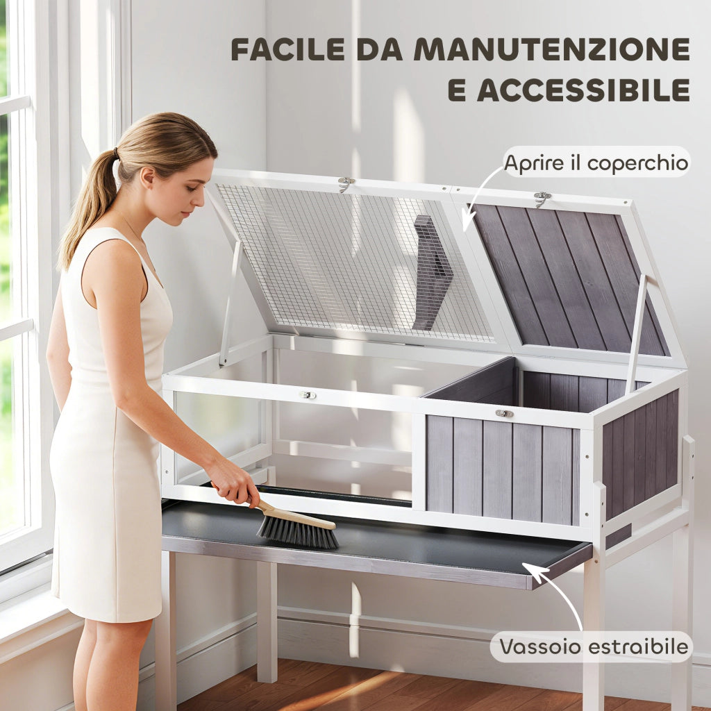Casetta Tartarughe Rialzata ¨C Minimal ¨C Legno e Plastica, Grigio e Bianco, 104x53x82 cm