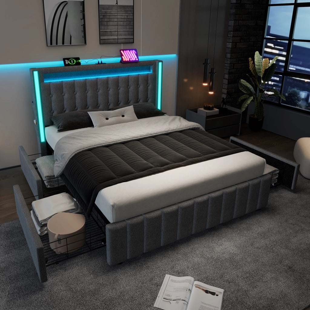 DESMIU Lit Con Cassetti 140 × 200 cm 2 posti, USB Type-C, LED, 4 cassetti, con materasso, in lino, grigio