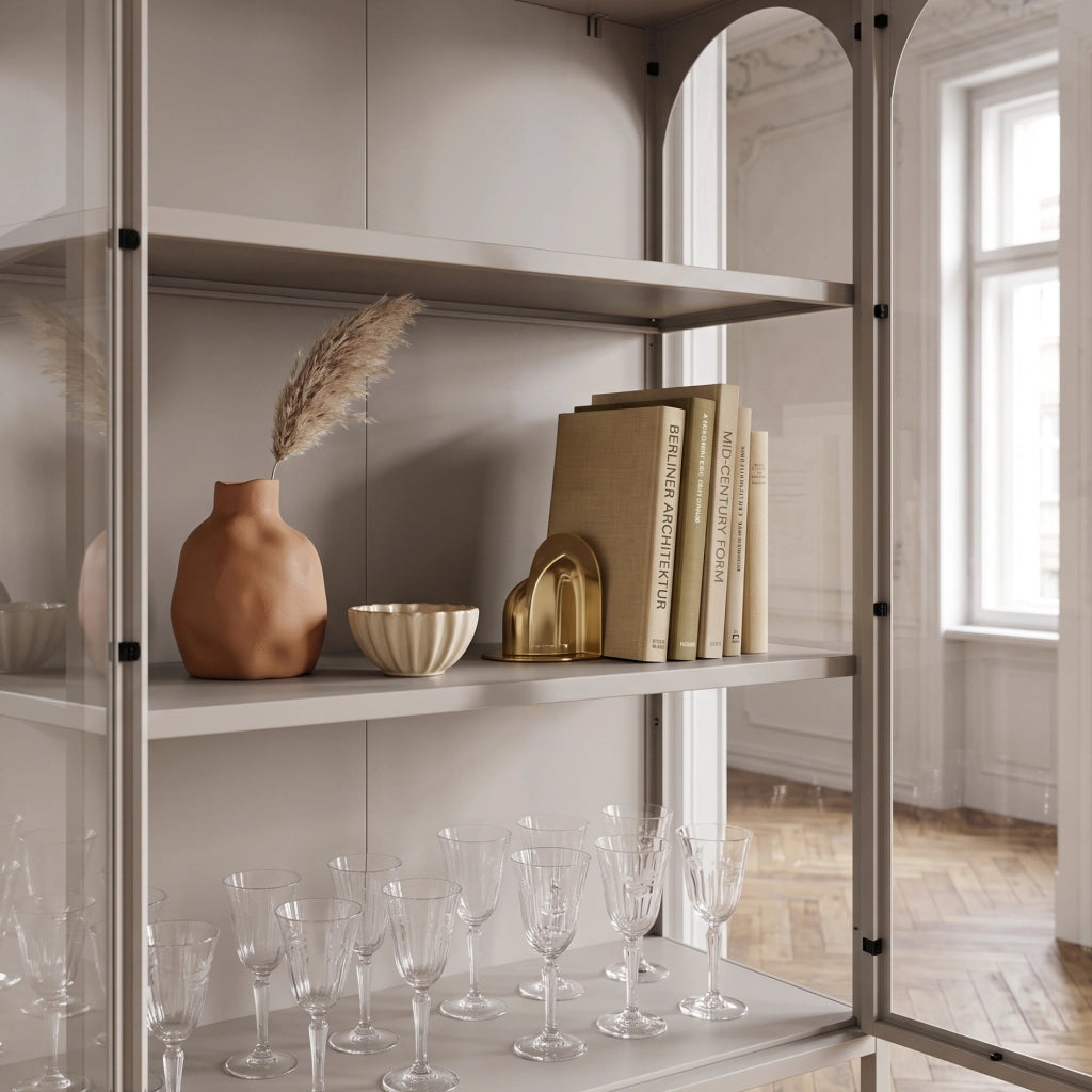 Vetrina Klippestad Credenza Alta a 2 Ante in Vetro e Ripiano Aperto 160 x 80 x 35 cm - Color Cammello [en.casa]