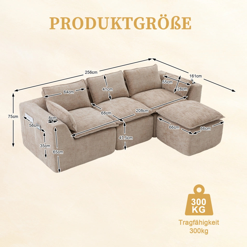Divano modulare 3 posti con pouf; cuscini e tasche laterali; in chenille khaki