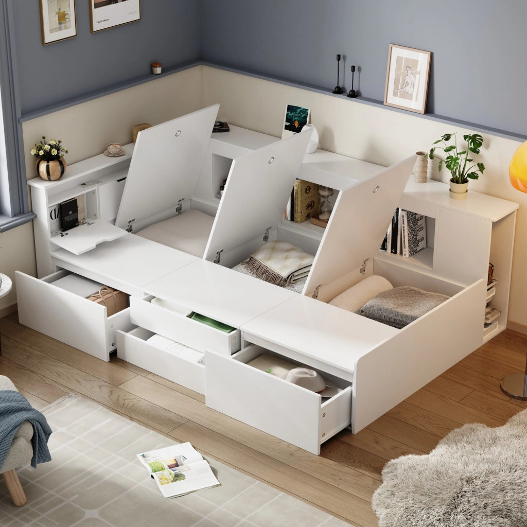 OKWISH Letto Bambino 90×200 cm, Letto Singolo con 4 Cassetti, Libreria e Armadietti Contenitore, senza Materasso, in MDF, Bianco