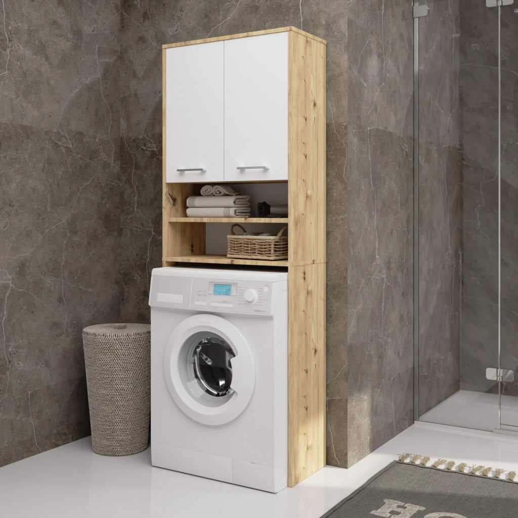 Colonna da bagno AKORD FIN per incasso di una lavatrice Quercia Artisan 64 cm 2 ante inserto frontale Bianco 64x30x180 cm