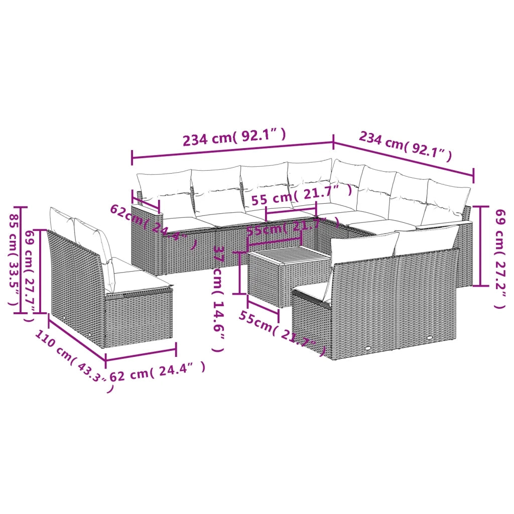 Set Divani da Giardino 12 pz con Cuscini Beige in Polyrattan