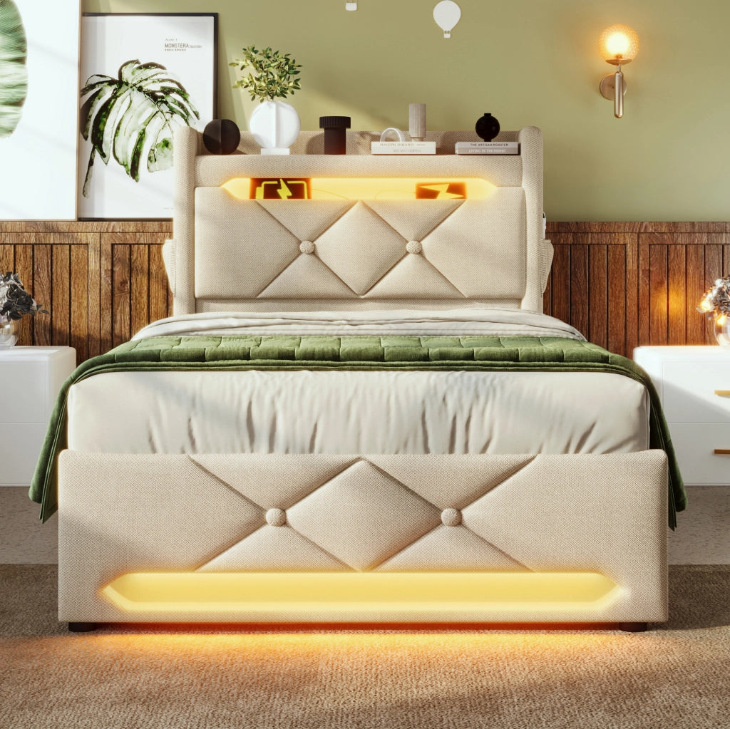 Letto imbottito 90x200 con materasso, LED, USB e vano contenitore