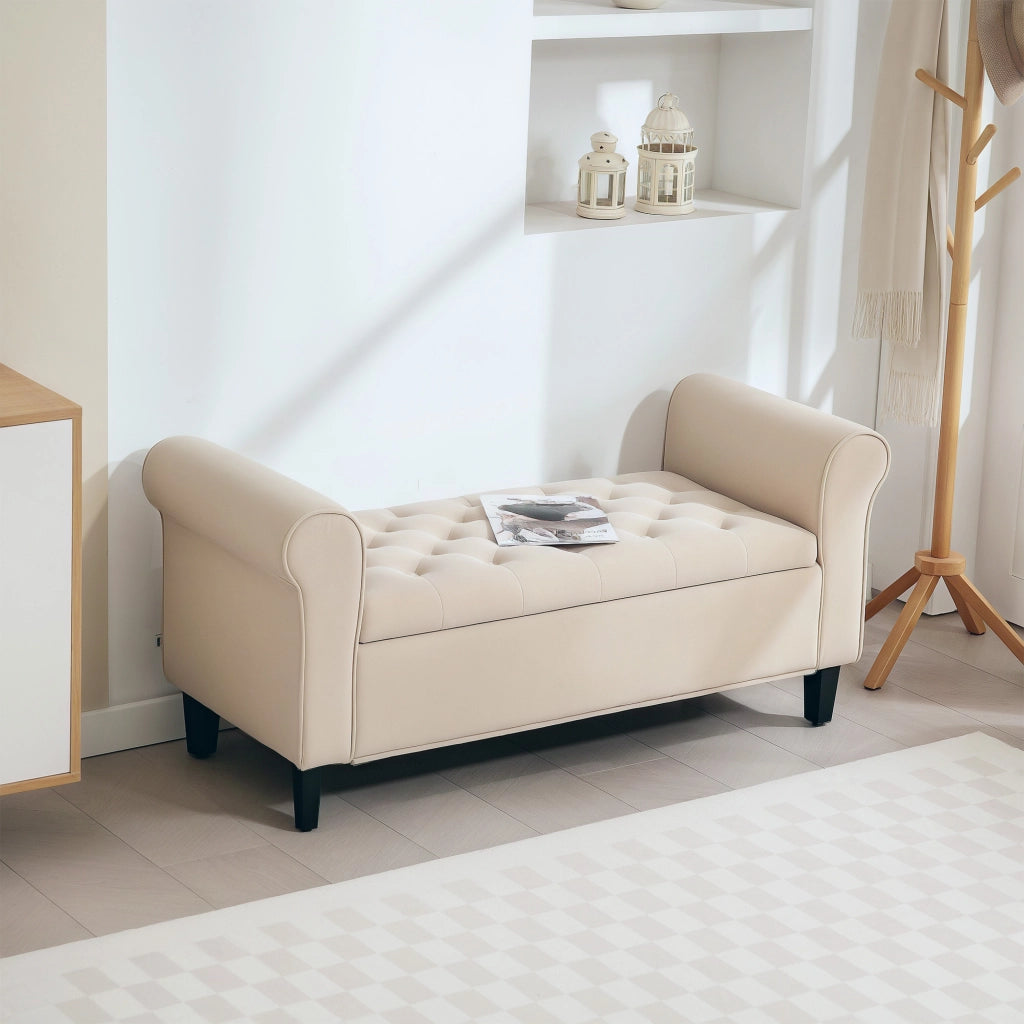 Panca Pouf Contenitore in Tessuto Velluto con Braccioli ¨C Xylo ¨C Beige, 126x48.5x57 cm
