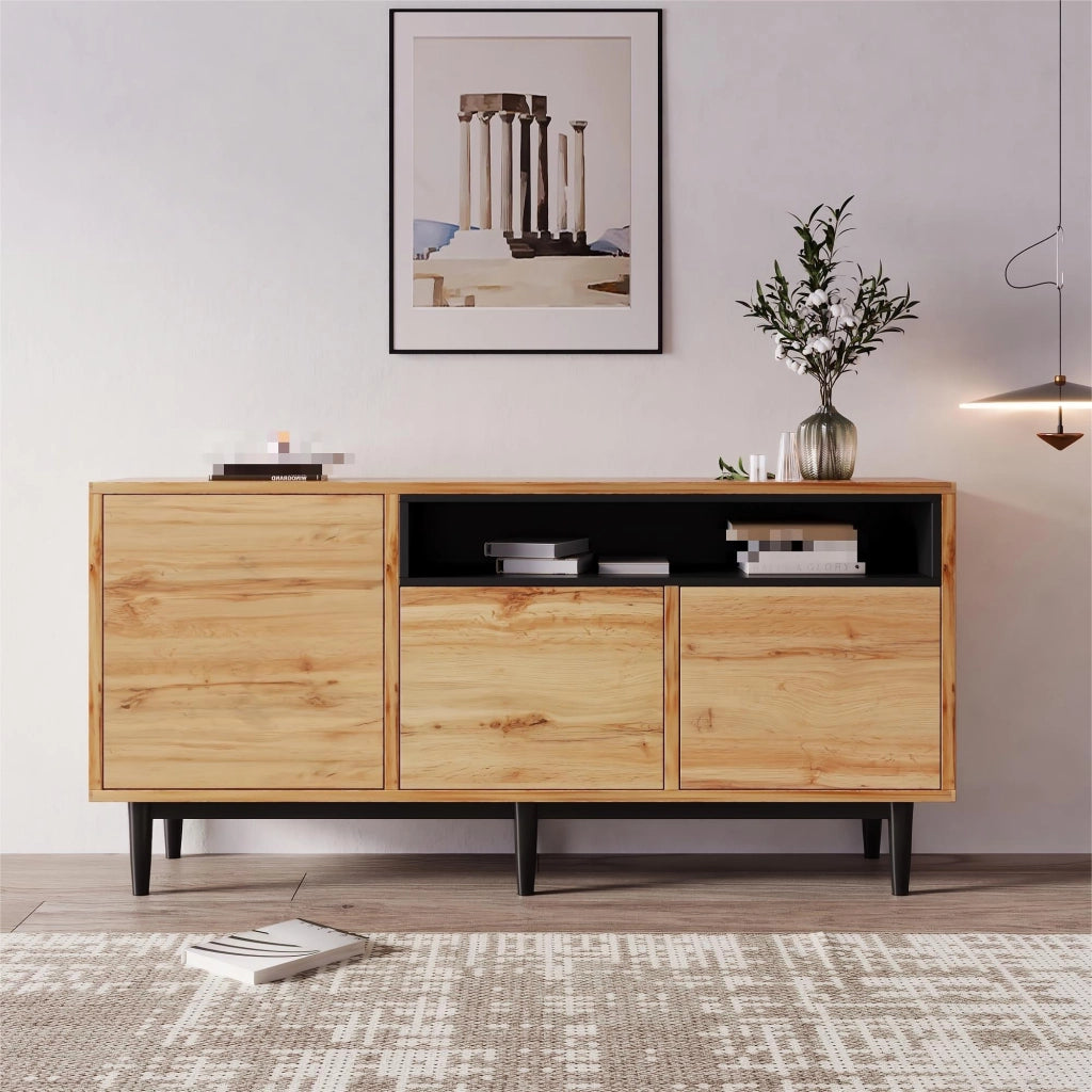 SIDEBOARD 160 x 35 x 76 cm in MDF effetto legno naturale, 3 ante