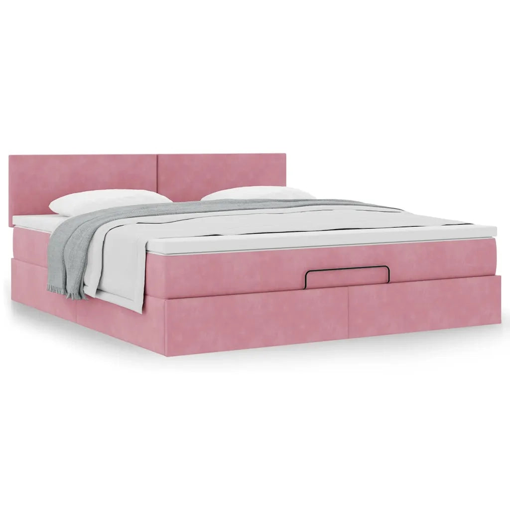 Struttura Letto Pouf con Materasso Rosa 160x200 cm in Velluto 3311716