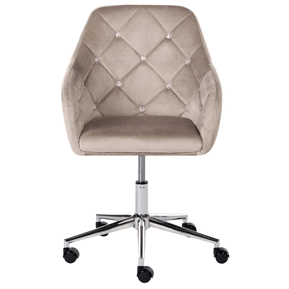 Sedia da ufficio in velluto beige con meccanismo a gas per la regolazione dell'altezza schienale trapuntato con cristalli e base girevole a 360°