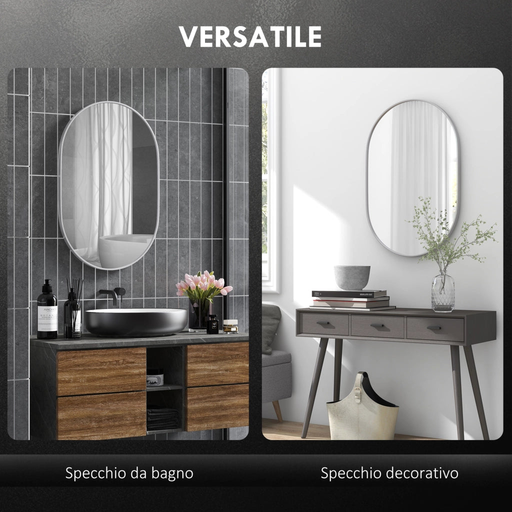 Specchio Bagno Ovale da Parete con Cornice in Alluminio, Verticale o Orizzontale, 60x90 cm, Argento