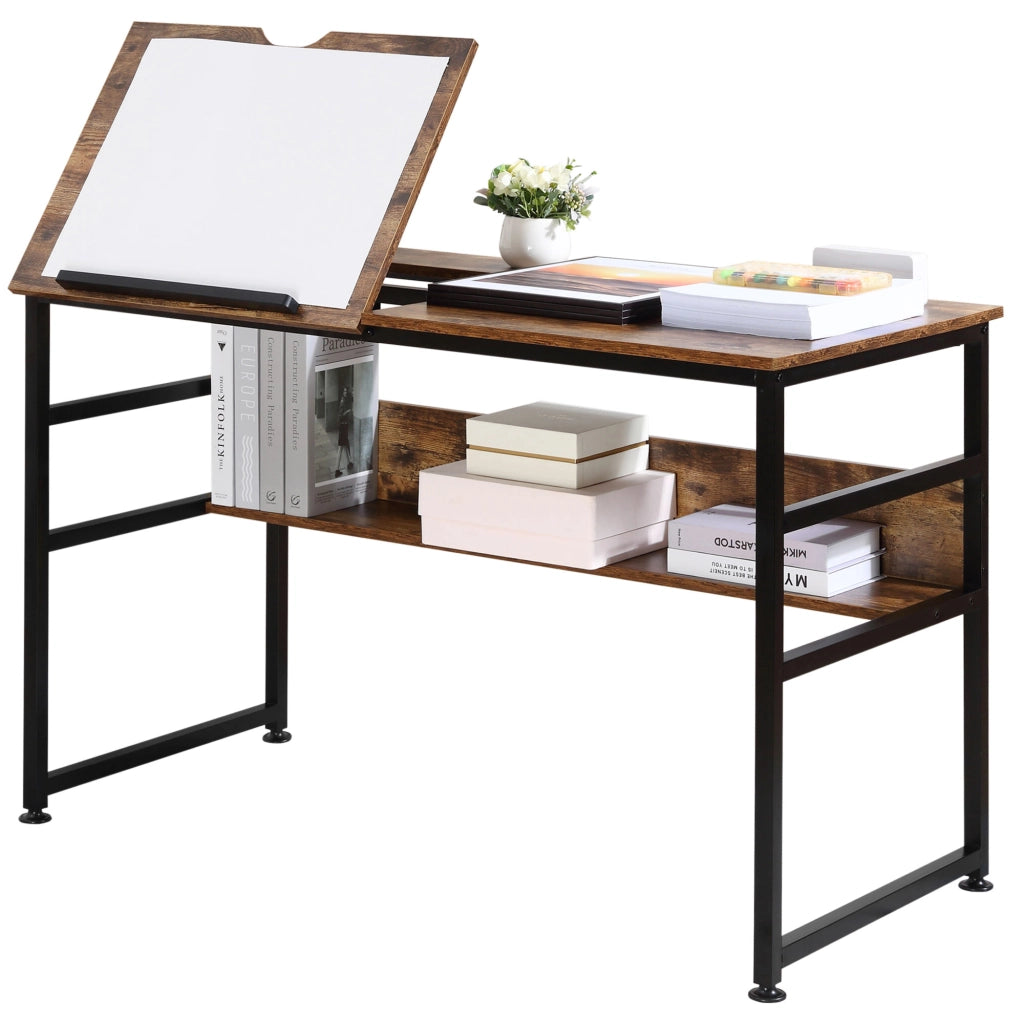 Tavolo da disegno inclinabile ¨C zephmum ¨C design industriale, piano regolabile, ripiano, effetto legno vecchio, metallo nero