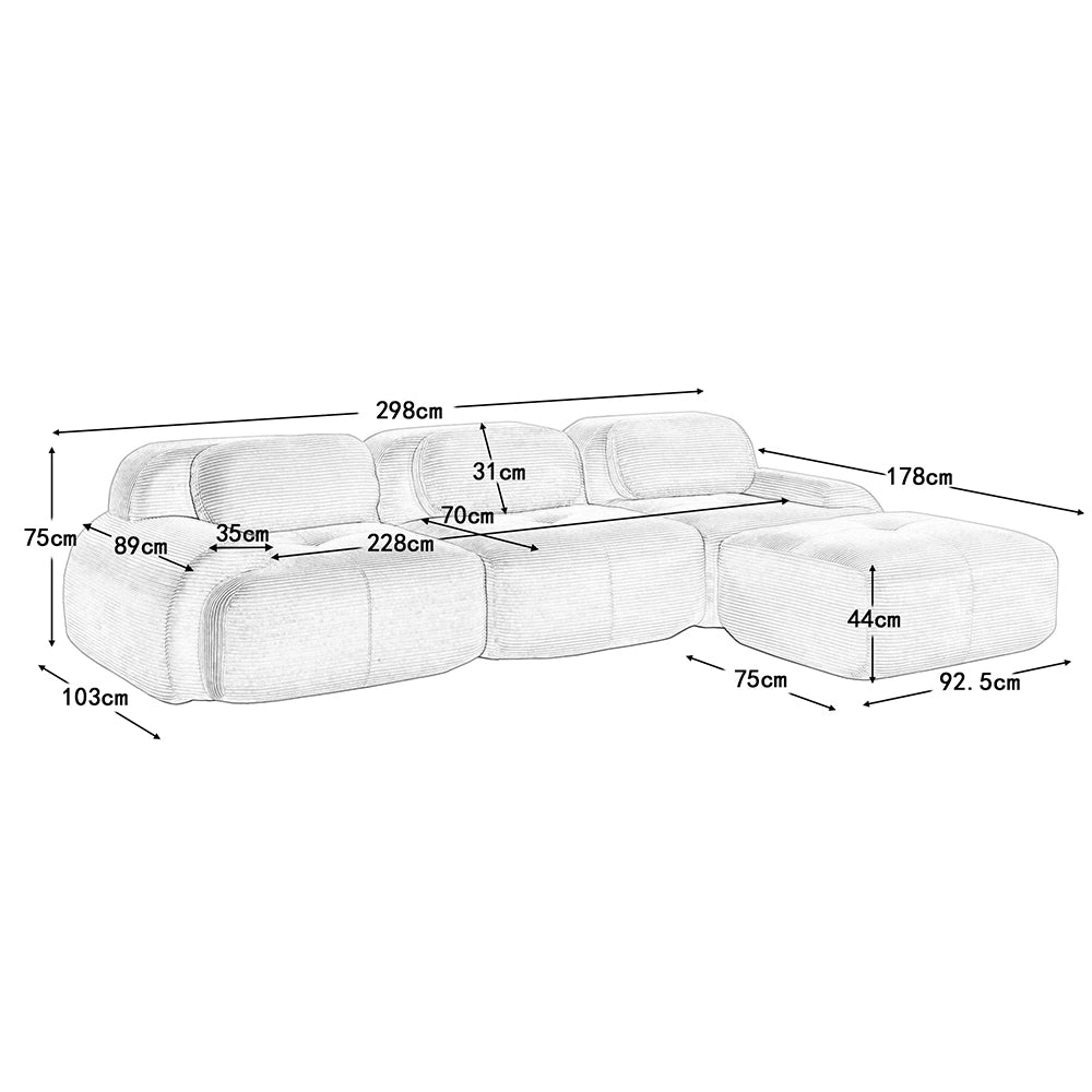 Divano angolare modulare - Xylo - Velluto costato, braccioli XL, imbottitura 32D, beige