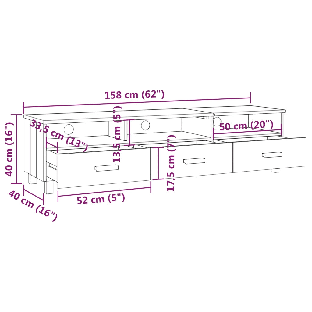 Mobile TV-Credenza TV-Console TV HAMAR Bianco 158x40x40 cm in Legno Massello di Pino