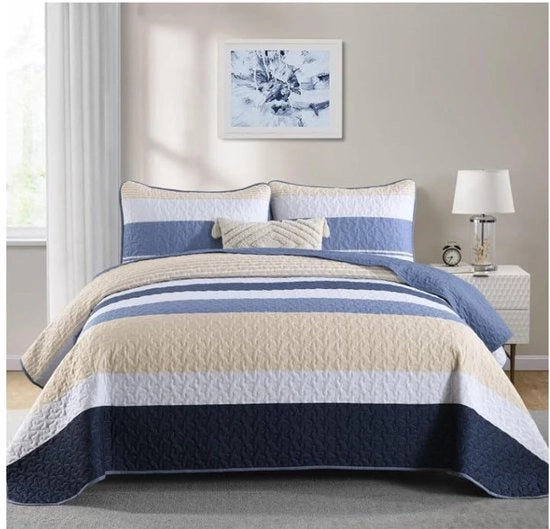 Bedsprei 220x240 Blu Strepen Deken Gewatteerde Deken 3-delig Tweepersoonsbed Gewatteerd Dekbed Microvezel Deken con 2 Cuscini 50x75 per Camera da Letto