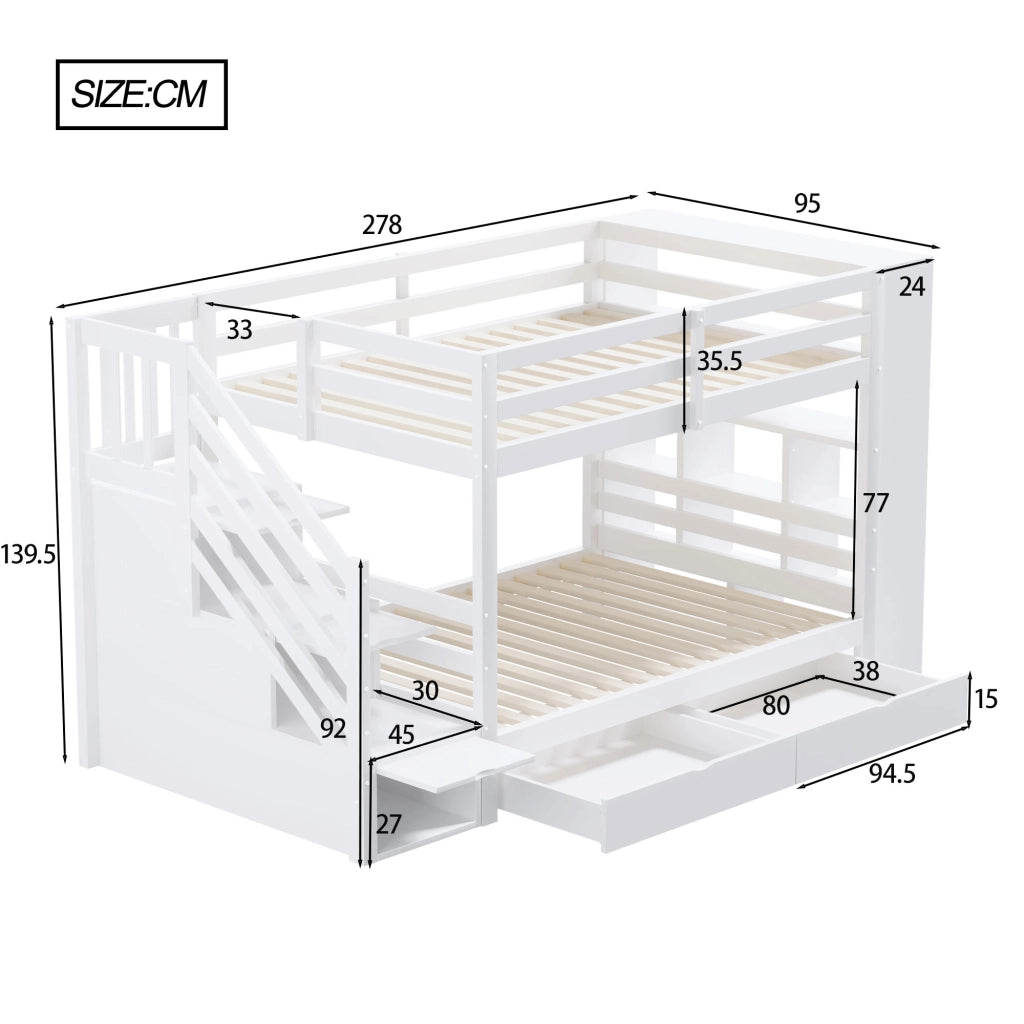 OKWISH Letto a Castello 90×200 cm, Letto Singolo con Scala con Contenitori, 2 Cassetti, Armadietti e Sponde Alte, senza Materasso, Bianco
